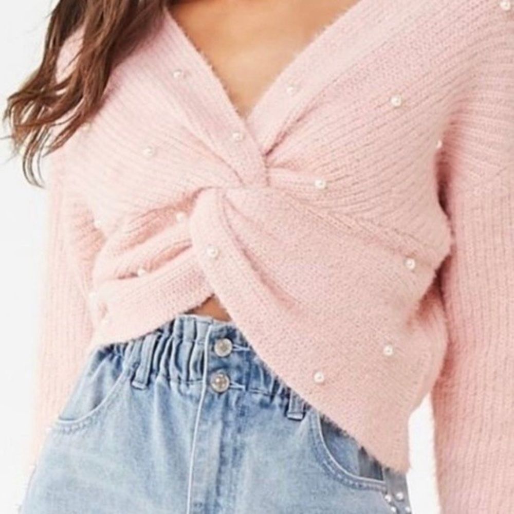 No Boundaries Pearl Twist Front Sweater Womens Extra Small Blush Pink Crop